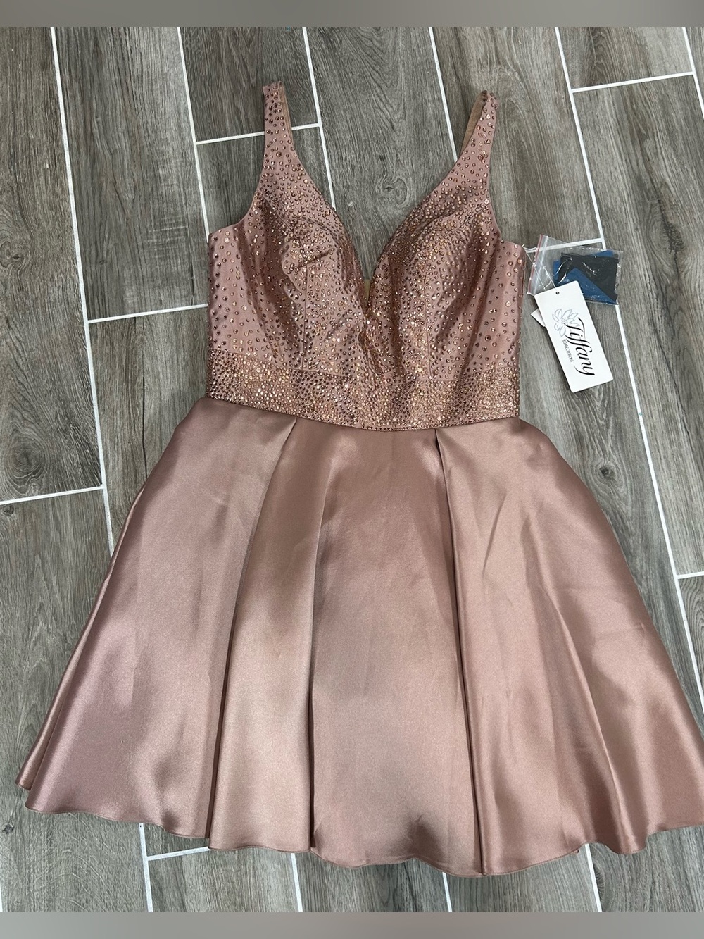 Tiffany Homecoming Prom #27275  Size 10 Taupe Bedazzle Top V-Neck Cocktail Dress